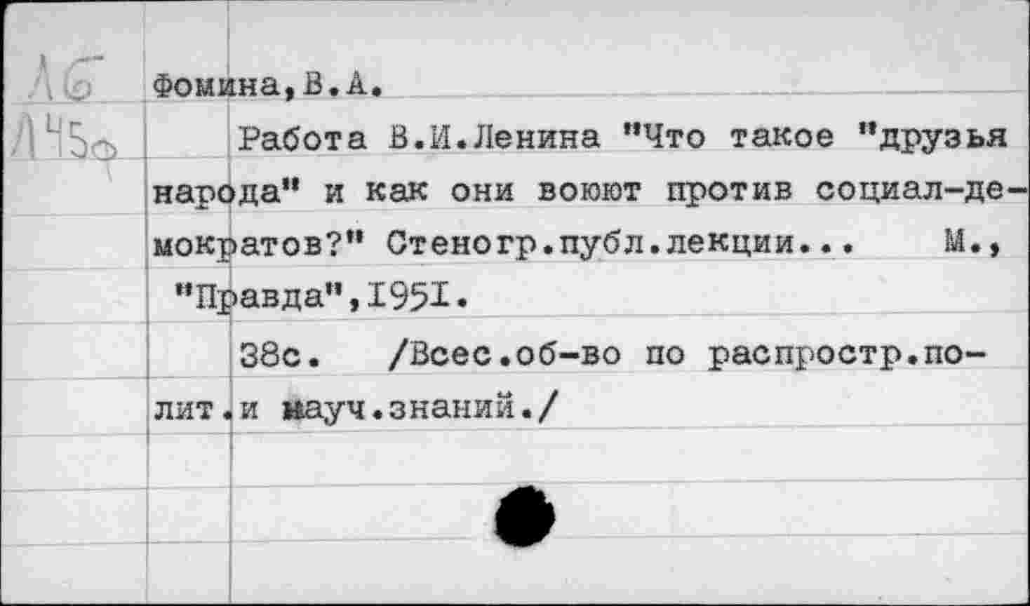 ﻿» /— л	Фомина.В.А.	
		Работа В.И.Ленина “Что такое “друзья
	народа“ и как они воюют против социал-де-	
	мократов?" Стеногр.публ.лекции...	М.,	
	“Правда”,1951.	
		38с. /Всес.об-во по распростр.по-
	лит.	и науч.знаний./			
		
		
		